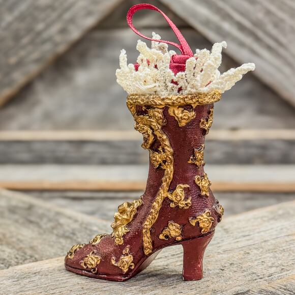 Vintage Old Victorian Style Lace/Satin Top Boot-Red and Gold-Christmas Ornament - Picture 4 of 7